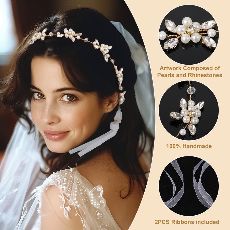 Yolev Flower Girl Headpiece with Streamers Gold Wedding Headband for Girl Crystal Pearl Flower Girl Hair Accessory for Wedding Birthday Party Photography First Communion(Gold) - Image 3